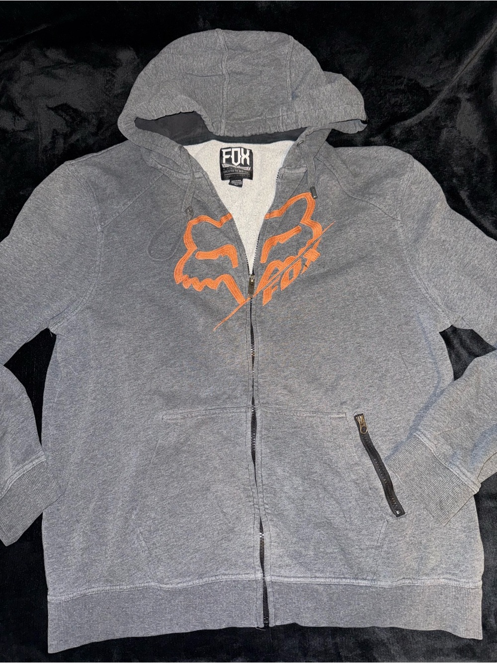 Fox Gray Zip-Up Hoodie with Orange Logo